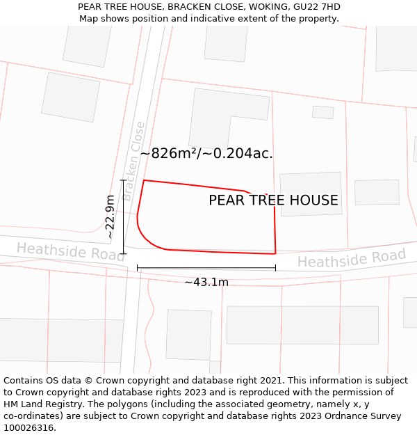 PEAR TREE HOUSE, BRACKEN CLOSE, WOKING, GU22 7HD: Plot and title map