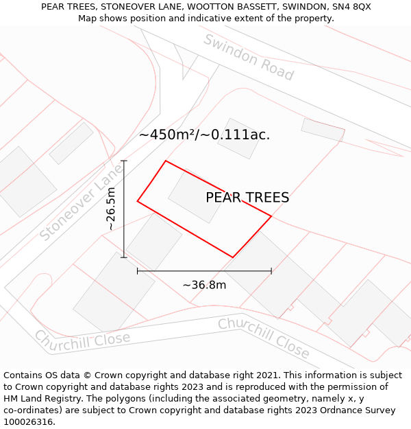 PEAR TREES, STONEOVER LANE, WOOTTON BASSETT, SWINDON, SN4 8QX: Plot and title map