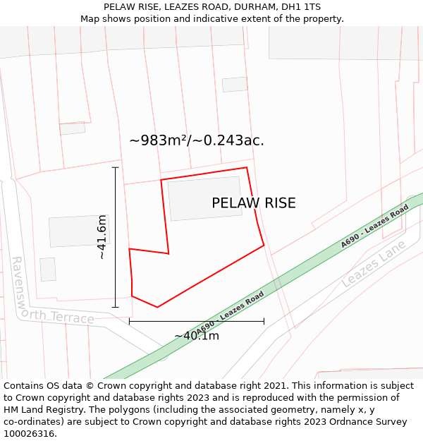 PELAW RISE, LEAZES ROAD, DURHAM, DH1 1TS: Plot and title map