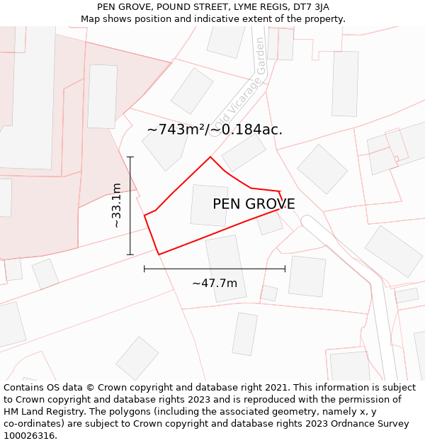PEN GROVE, POUND STREET, LYME REGIS, DT7 3JA: Plot and title map