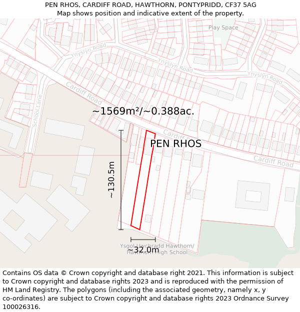 PEN RHOS, CARDIFF ROAD, HAWTHORN, PONTYPRIDD, CF37 5AG: Plot and title map