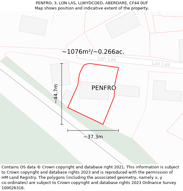 PENFRO, 3, LON LAS, LLWYDCOED, ABERDARE, CF44 0UF: Plot and title map