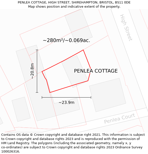 PENLEA COTTAGE, HIGH STREET, SHIREHAMPTON, BRISTOL, BS11 0DE: Plot and title map