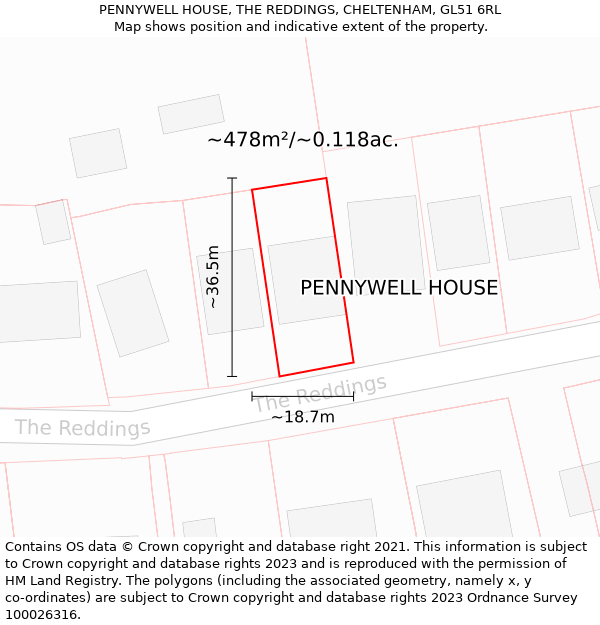 PENNYWELL HOUSE, THE REDDINGS, CHELTENHAM, GL51 6RL: Plot and title map