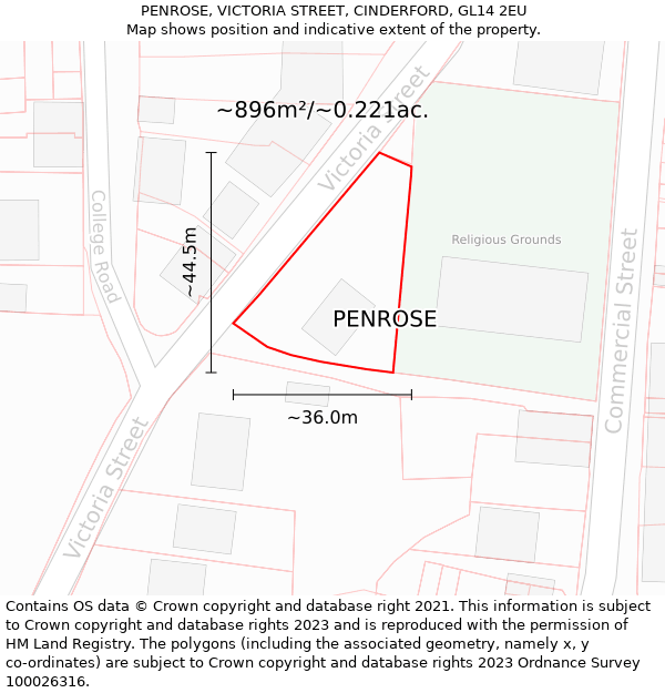 PENROSE, VICTORIA STREET, CINDERFORD, GL14 2EU: Plot and title map