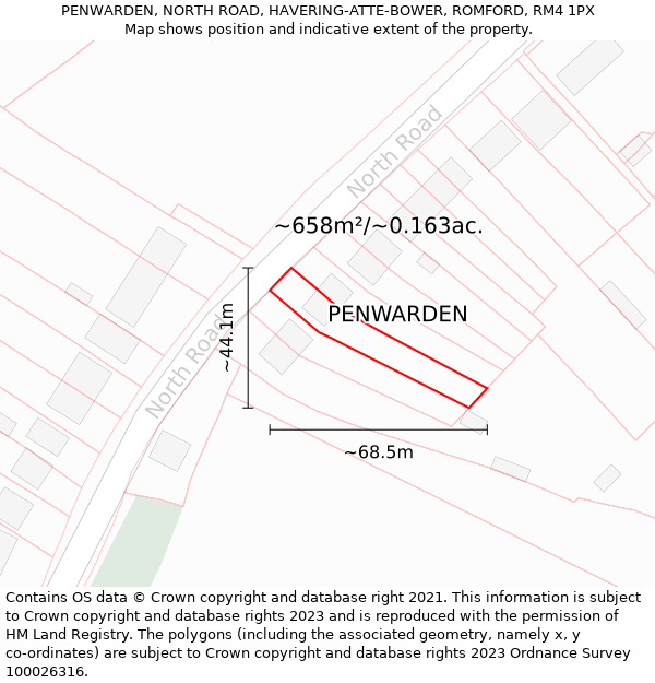 PENWARDEN, NORTH ROAD, HAVERING-ATTE-BOWER, ROMFORD, RM4 1PX: Plot and title map