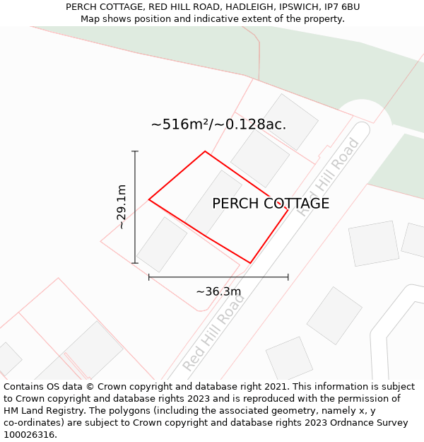 PERCH COTTAGE, RED HILL ROAD, HADLEIGH, IPSWICH, IP7 6BU: Plot and title map