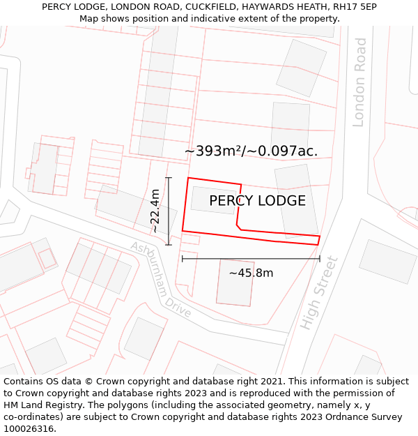 PERCY LODGE, LONDON ROAD, CUCKFIELD, HAYWARDS HEATH, RH17 5EP: Plot and title map