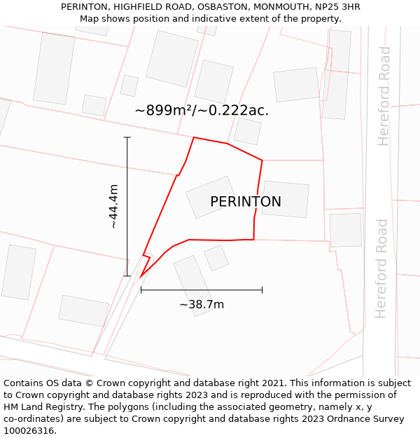 PERINTON, HIGHFIELD ROAD, OSBASTON, MONMOUTH, NP25 3HR: Plot and title map