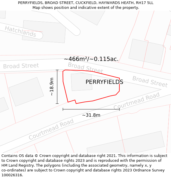 PERRYFIELDS, BROAD STREET, CUCKFIELD, HAYWARDS HEATH, RH17 5LL: Plot and title map