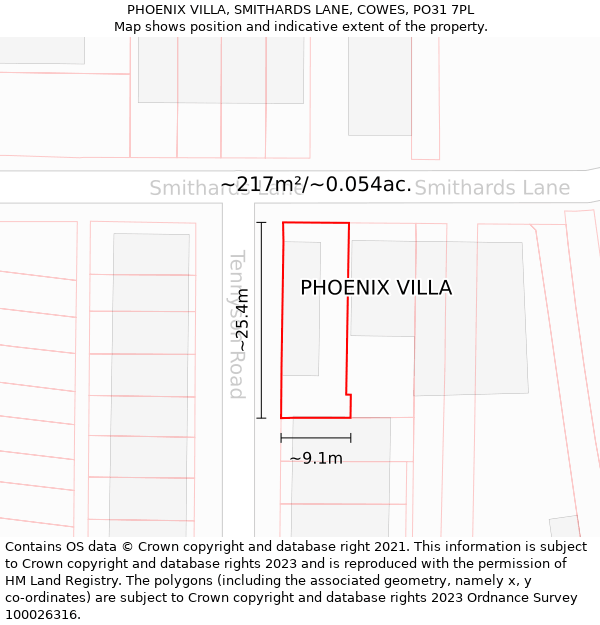 PHOENIX VILLA, SMITHARDS LANE, COWES, PO31 7PL: Plot and title map