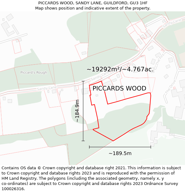 PICCARDS WOOD, SANDY LANE, GUILDFORD, GU3 1HF: Plot and title map