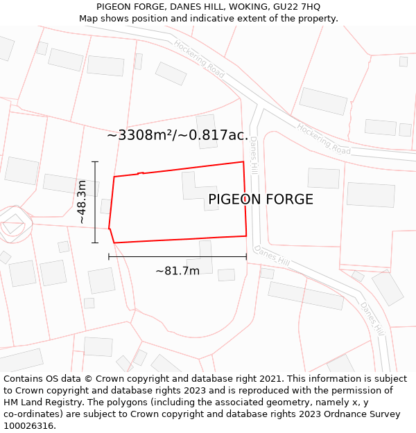 PIGEON FORGE, DANES HILL, WOKING, GU22 7HQ: Plot and title map