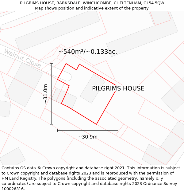 PILGRIMS HOUSE, BARKSDALE, WINCHCOMBE, CHELTENHAM, GL54 5QW: Plot and title map