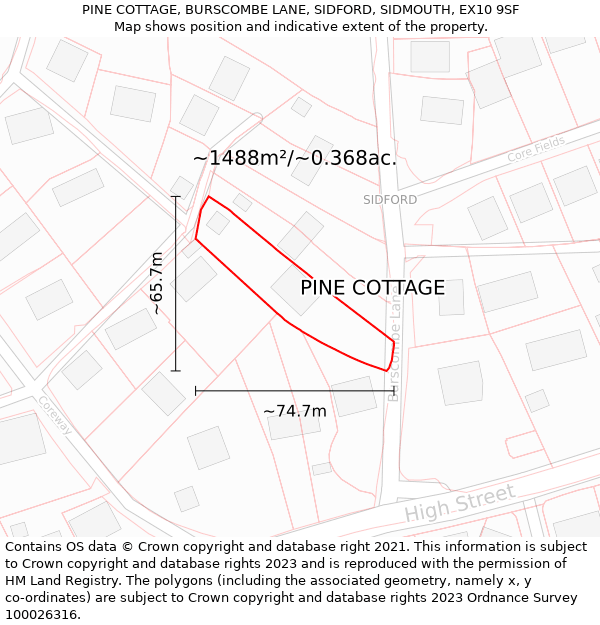 PINE COTTAGE, BURSCOMBE LANE, SIDFORD, SIDMOUTH, EX10 9SF: Plot and title map