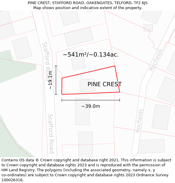 PINE CREST, STAFFORD ROAD, OAKENGATES, TELFORD, TF2 6JS: Plot and title map