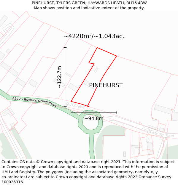 PINEHURST, TYLERS GREEN, HAYWARDS HEATH, RH16 4BW: Plot and title map