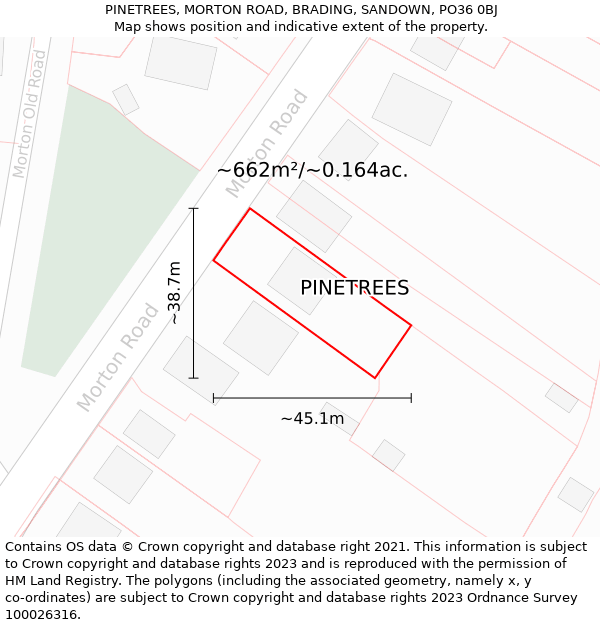 PINETREES, MORTON ROAD, BRADING, SANDOWN, PO36 0BJ: Plot and title map