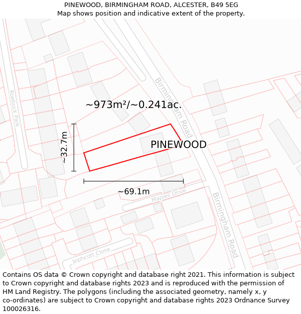 PINEWOOD, BIRMINGHAM ROAD, ALCESTER, B49 5EG: Plot and title map