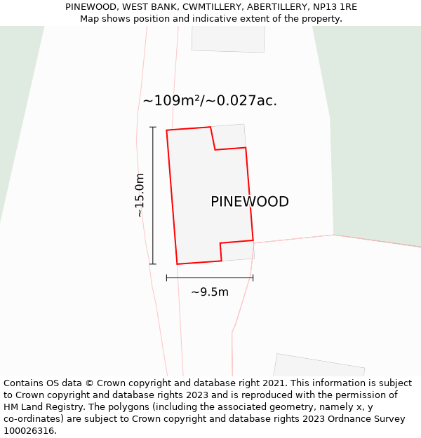 PINEWOOD, WEST BANK, CWMTILLERY, ABERTILLERY, NP13 1RE: Plot and title map