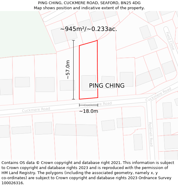 PING CHING, CUCKMERE ROAD, SEAFORD, BN25 4DG: Plot and title map