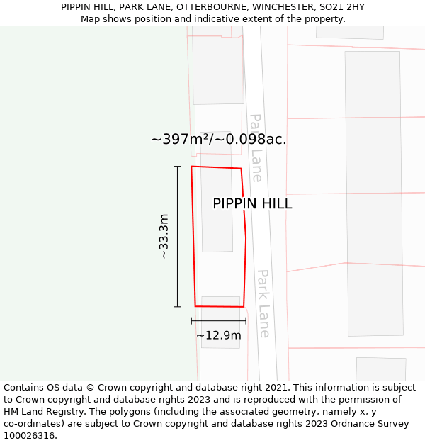 PIPPIN HILL, PARK LANE, OTTERBOURNE, WINCHESTER, SO21 2HY: Plot and title map