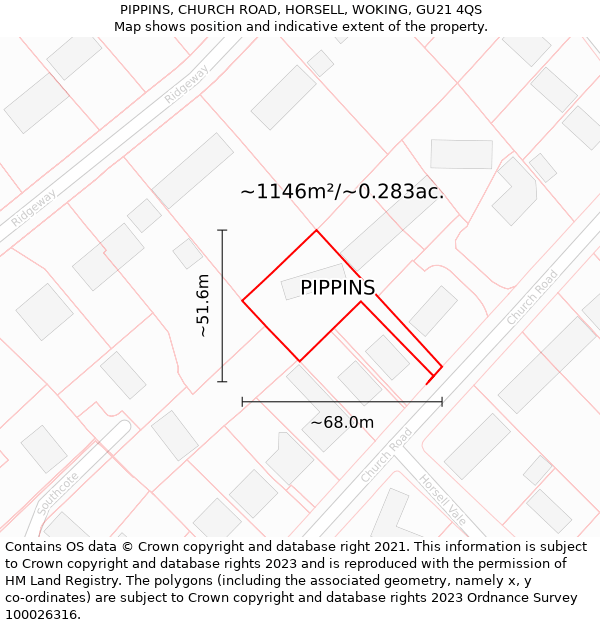 PIPPINS, CHURCH ROAD, HORSELL, WOKING, GU21 4QS: Plot and title map