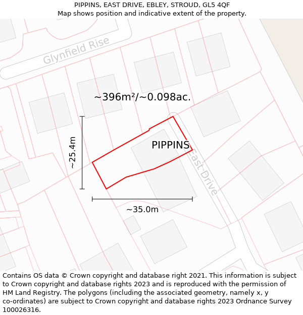 PIPPINS, EAST DRIVE, EBLEY, STROUD, GL5 4QF: Plot and title map