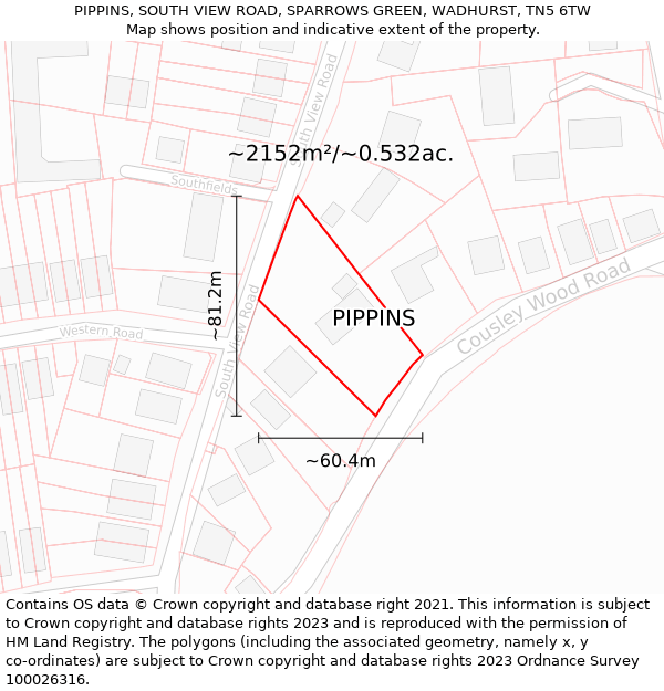 PIPPINS, SOUTH VIEW ROAD, SPARROWS GREEN, WADHURST, TN5 6TW: Plot and title map