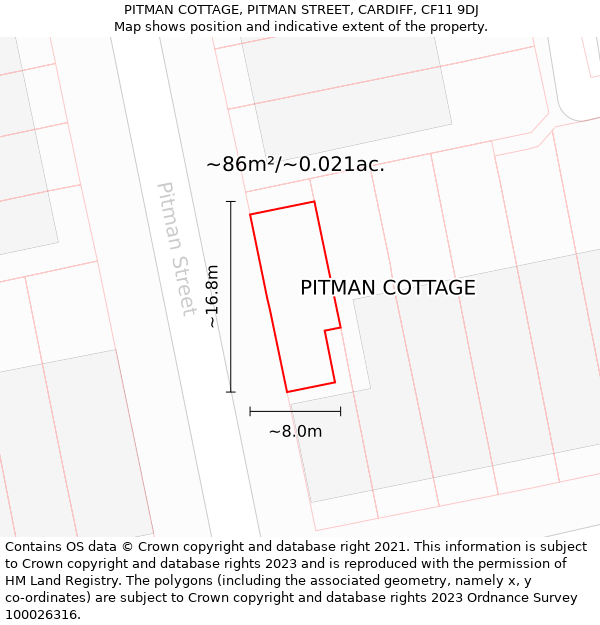 PITMAN COTTAGE, PITMAN STREET, CARDIFF, CF11 9DJ: Plot and title map