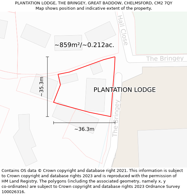 PLANTATION LODGE, THE BRINGEY, GREAT BADDOW, CHELMSFORD, CM2 7QY: Plot and title map