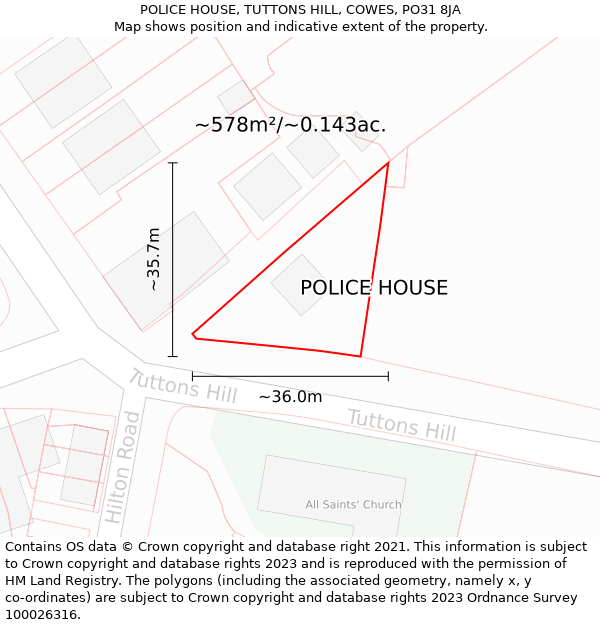 POLICE HOUSE, TUTTONS HILL, COWES, PO31 8JA: Plot and title map