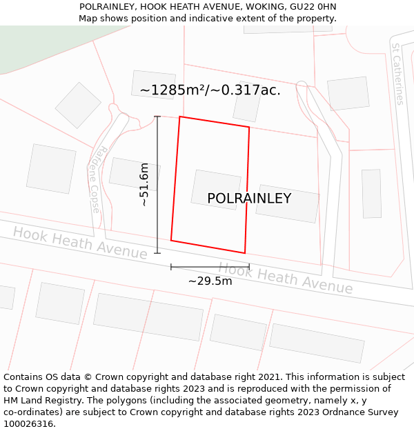 POLRAINLEY, HOOK HEATH AVENUE, WOKING, GU22 0HN: Plot and title map