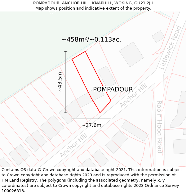 POMPADOUR, ANCHOR HILL, KNAPHILL, WOKING, GU21 2JH: Plot and title map