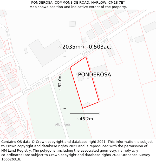 PONDEROSA, COMMONSIDE ROAD, HARLOW, CM18 7EY: Plot and title map