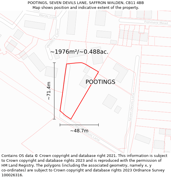 POOTINGS, SEVEN DEVILS LANE, SAFFRON WALDEN, CB11 4BB: Plot and title map