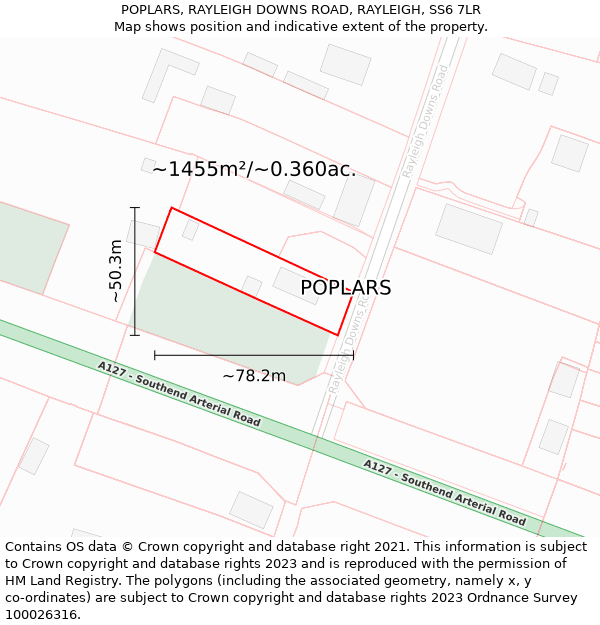 POPLARS, RAYLEIGH DOWNS ROAD, RAYLEIGH, SS6 7LR: Plot and title map