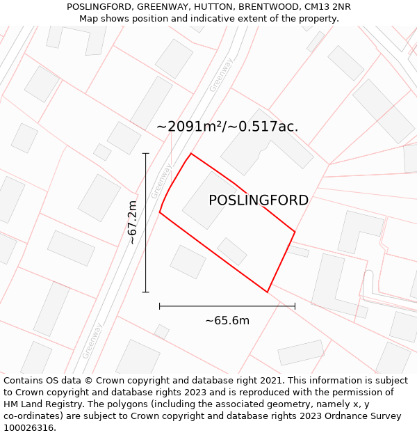 POSLINGFORD, GREENWAY, HUTTON, BRENTWOOD, CM13 2NR: Plot and title map
