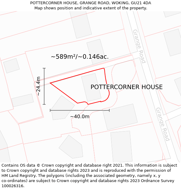 POTTERCORNER HOUSE, GRANGE ROAD, WOKING, GU21 4DA: Plot and title map