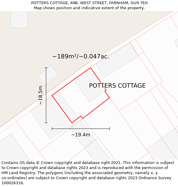 POTTERS COTTAGE, 69B, WEST STREET, FARNHAM, GU9 7EH: Plot and title map