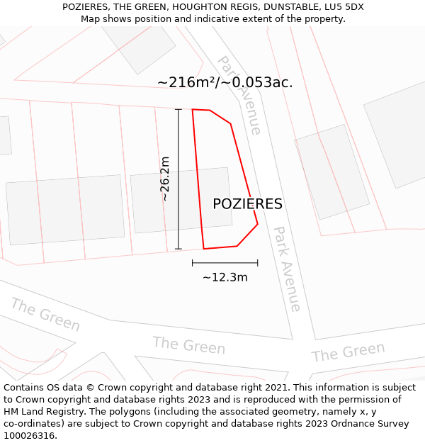 POZIERES, THE GREEN, HOUGHTON REGIS, DUNSTABLE, LU5 5DX: Plot and title map
