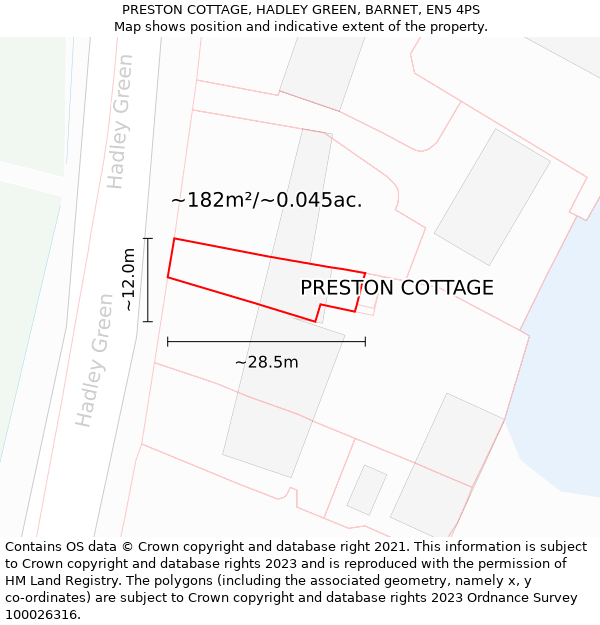 PRESTON COTTAGE, HADLEY GREEN, BARNET, EN5 4PS: Plot and title map