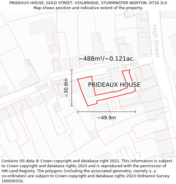 PRIDEAUX HOUSE, GOLD STREET, STALBRIDGE, STURMINSTER NEWTON, DT10 2LX: Plot and title map