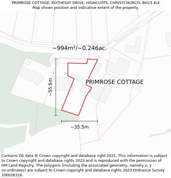 PRIMROSE COTTAGE, ROTHESAY DRIVE, HIGHCLIFFE, CHRISTCHURCH, BH23 4LE: Plot and title map