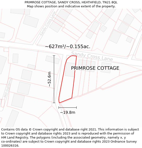 PRIMROSE COTTAGE, SANDY CROSS, HEATHFIELD, TN21 8QL: Plot and title map