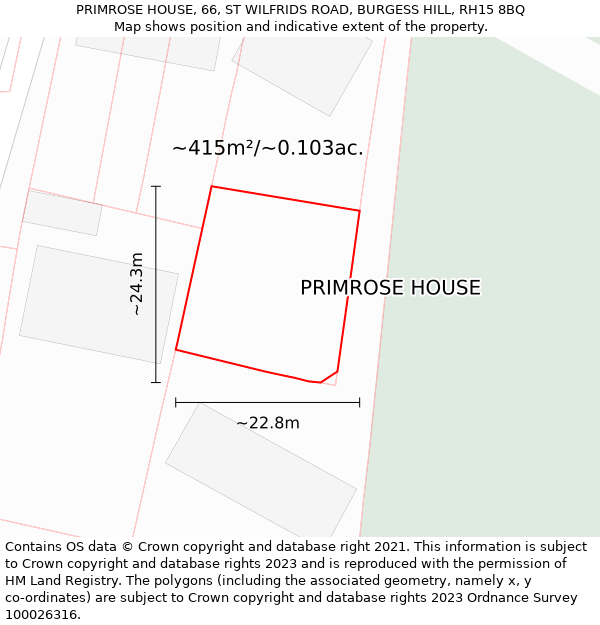 PRIMROSE HOUSE, 66, ST WILFRIDS ROAD, BURGESS HILL, RH15 8BQ: Plot and title map