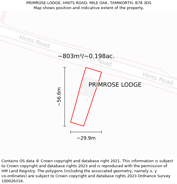 PRIMROSE LODGE, HINTS ROAD, MILE OAK, TAMWORTH, B78 3DS: Plot and title map