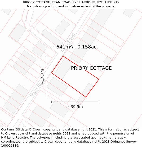 PRIORY COTTAGE, TRAM ROAD, RYE HARBOUR, RYE, TN31 7TY: Plot and title map