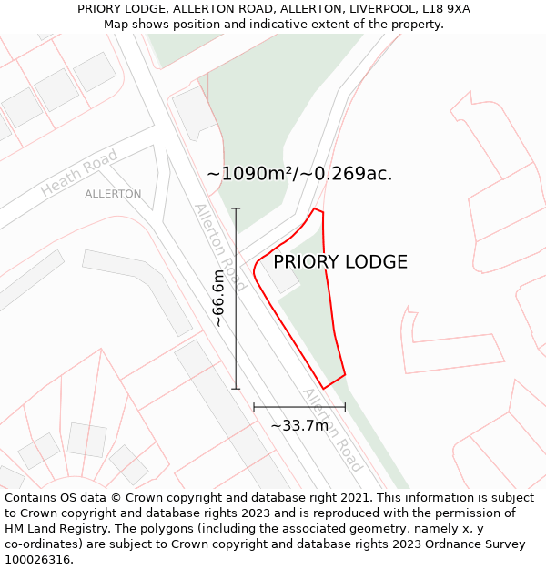 PRIORY LODGE, ALLERTON ROAD, ALLERTON, LIVERPOOL, L18 9XA: Plot and title map