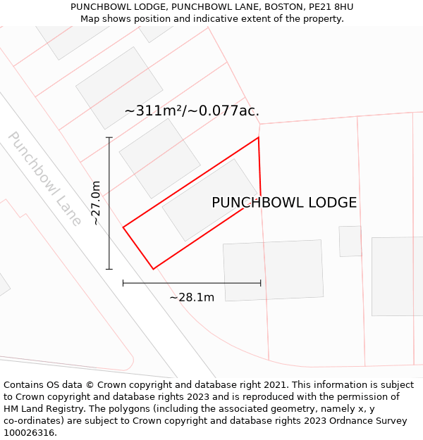 PUNCHBOWL LODGE, PUNCHBOWL LANE, BOSTON, PE21 8HU: Plot and title map